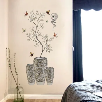 Chineză Stil Autocolant De Perete Vintage De Argint Vaza De Flori Fluture Decor Acasă Aplicatiile Dormitor Camera De Zi De Decorare Postere