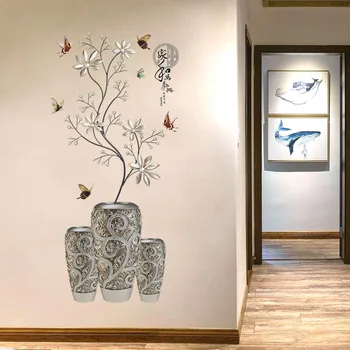 Chineză Stil Autocolant De Perete Vintage De Argint Vaza De Flori Fluture Decor Acasă Aplicatiile Dormitor Camera De Zi De Decorare Postere