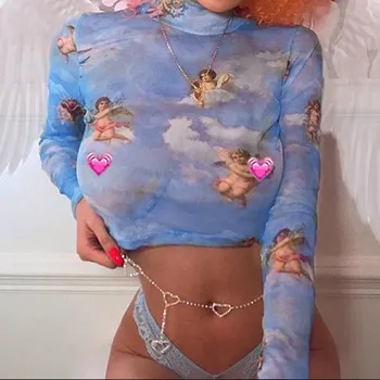 Vara Femei Mâneci Lungi Mock Neck Top Romantic Colorate Înger Imprimate T-shirt Vedea Prin Ochiuri Club Slim Tee