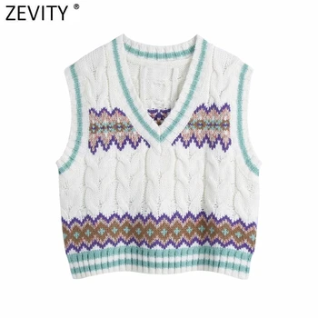 Zevity 2021 Moda Pentru Femei V-Gât Geometrice Croșetat Poftă De Mâncare De Tricotat Pulover Femei Fără Mâneci Vesta Casual Chic Pulovere Topuri S665