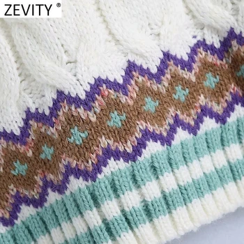 Zevity 2021 Moda Pentru Femei V-Gât Geometrice Croșetat Poftă De Mâncare De Tricotat Pulover Femei Fără Mâneci Vesta Casual Chic Pulovere Topuri S665