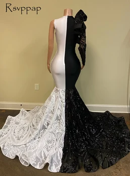 Rochii Lungi Elegante 2021 Sexy Cu Maneci Lungi Sirena Negru Și Alb Sequin Fete Din Africa De Bal Rochie De Gală