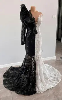 Rochii Lungi Elegante 2021 Sexy Cu Maneci Lungi Sirena Negru Și Alb Sequin Fete Din Africa De Bal Rochie De Gală