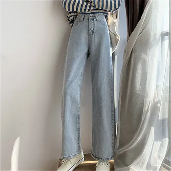 Blugi Femei Laterală Fantă Toate-meci Denim Vintage Butonul Buzunare Talie Mare Ulzzang Drept Liber de Feminino Pantaloni Estetice Albastru