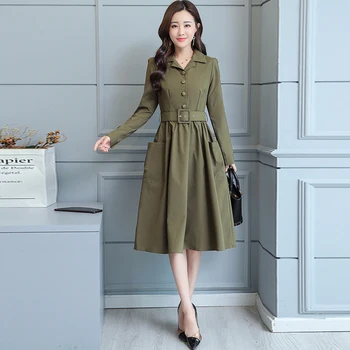 2020 Primăvara Și Toamna Noua Moda Coreeană Rochie Cu Mâneci Lungi Cu Centura De Buzunar De Agrement Vestido Birou De Îmbrăcăminte
