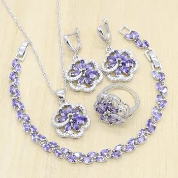 Violet Zirconia de Culoare Argintie Mireasa Seturi de Bijuterii Cercei Inele Pandantiv Colier Bratari pentru Femei de Ziua de nastere Cadou de Nunta