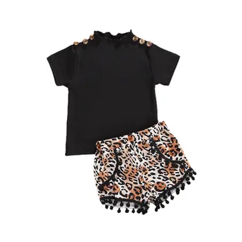 2020 Pentru Sugari Fete Pentru Copii Haine Leopard Seturi De Vară Minunat Butonul Design Volane Maneca Scurta Negru, Tricouri Topuri Ciucure Pantaloni Scurți