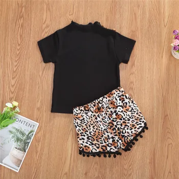 2020 Pentru Sugari Fete Pentru Copii Haine Leopard Seturi De Vară Minunat Butonul Design Volane Maneca Scurta Negru, Tricouri Topuri Ciucure Pantaloni Scurți