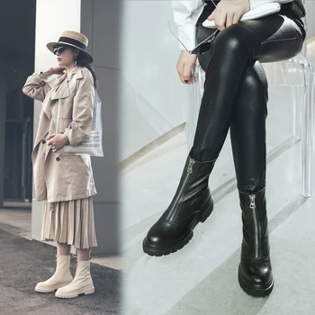2021 nou pantofi Femei din Piele Cizme de moda realizate Manual de vacă din piele cu fermoar Frontală platforma cizme scurte 2 culori, negru cizme