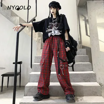 NYOOLO Harajuku streetwear lanț Carouri de înaltă talie pantaloni largi picior femei Vara vrac talie elastic buzunare hip hop jogger pants