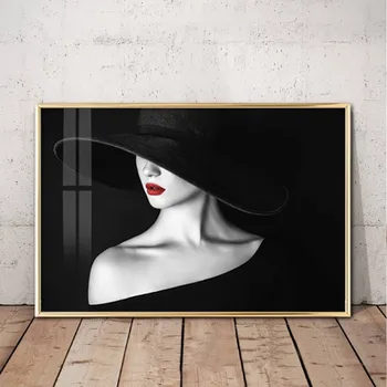 Femei moderne de Moda Arta de Perete Postere si Printuri Pălărie Neagră Sexy Buze Roșii Panza Pictura Vogue Alb-Negru Imagine Pentru Decor Acasă