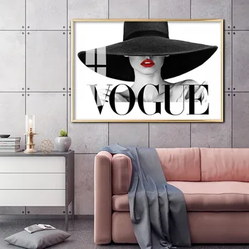 Femei moderne de Moda Arta de Perete Postere si Printuri Pălărie Neagră Sexy Buze Roșii Panza Pictura Vogue Alb-Negru Imagine Pentru Decor Acasă