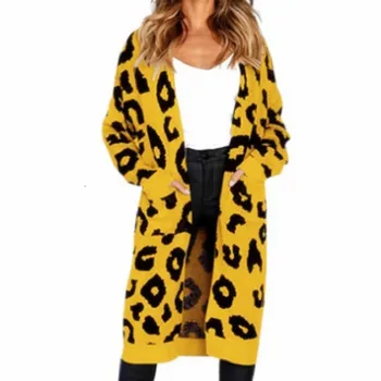 Iarna Cardigan cu Maneca Lunga Pulover tricotat pentru Femei Galben Leopard de Imprimare Cardigan Doamnelor Haine Groase 2020 Toamna Plus Dimensiune