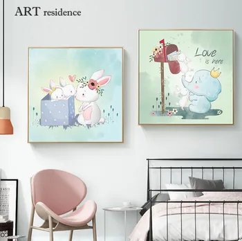 Desene animate drăguț, elefant, iepure poster, imprimate panza pictura, fată, copil, copii, cameră de decorare perete, dormitor