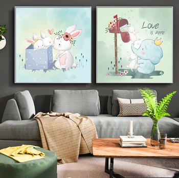 Desene animate drăguț, elefant, iepure poster, imprimate panza pictura, fată, copil, copii, cameră de decorare perete, dormitor
