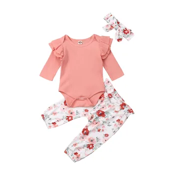 Pudcoco NE-Stoc de Haine de Toamna 0-18M Copilul Nou-născut Fete Floral Romper Maneca Lunga Solid Tricotat Bluze Florale Pantaloni Set