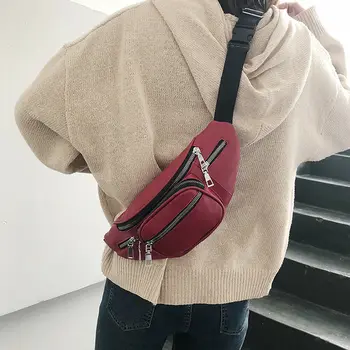 Noul lanț curea sac de hip-hop de talie femei geanta din piele PU solid de culoare moda piept sac pungă