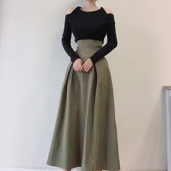 Hzirip Armata Verde Talie Mare Maxi Fusta 2020 Nou Toamna Iarna Femei Bottoms OL Moda Elegant Solid-linie Fuste Lungi pentru Femei