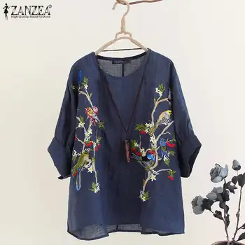 2021 Vara Bluză Brodată ZANZEA Femei Maneca 3/4 Tricouri Casual Vintage O Gât Bumbac Vrac Petrecere Tunica Topuri de sex Feminin Blusas