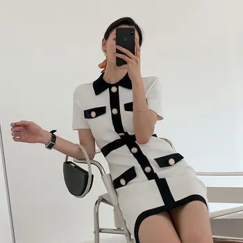 New sosire 2020 Pista coreean Elegant Tricotate Femei pe Scurt Mânecă rochie Simplă contrast Vintage Slim high end Rochii vestidos