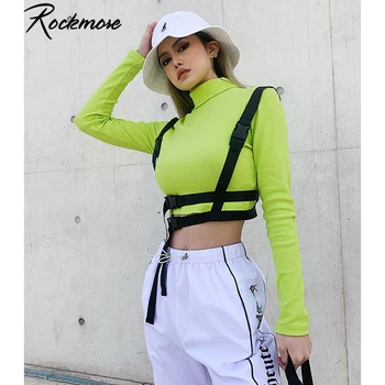 Rockmore Moto&Biker Femei T-Shirt, Cu Catarama Centura Bodycon Cu Maneci Lungi De Sus A Culturilor De Bază Tricou Verde Cu Guler Tricouri Negre Tees