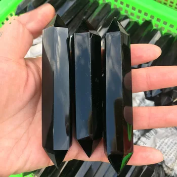 Naturale Obsidian Negru Cristal Obelisc Cuarț Dublu Subliniat Vindecare