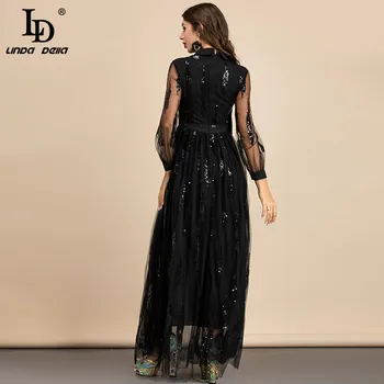 LD LINDA DELLA 2021 Toamna Designer de Moda Negru Maxi Rochii Lungi pentru Femei Guler de Arc Plasă cu Paiete Elegante, Rochie de Petrecere Rochie