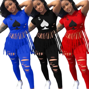 De Vară 2020 Femei Costum Sexy Style Solid de culoare Poker Pică Q Print Canaf cu Glugă Topuri de Cultură & Gaură Pantaloni Set de Două Piese