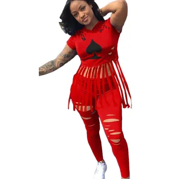De Vară 2020 Femei Costum Sexy Style Solid de culoare Poker Pică Q Print Canaf cu Glugă Topuri de Cultură & Gaură Pantaloni Set de Două Piese