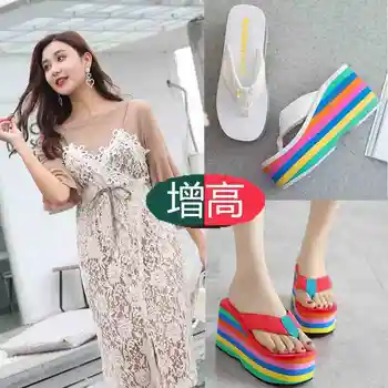Femei Papuci cu Toc Înalt coreeană-Platforma de Stil Flip-flops Inclinat Toc Pantofi de Plaja Toate-meci Platforma de Jos Papuci Femei