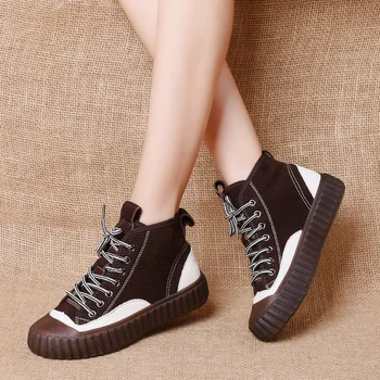 GKTINOO femei pantofi 2020 primavara piele naturala de sex Feminin cizme scurte de piele de căprioară femei papuceii Britanic Dantela-Up femeile Chelsea Cizme