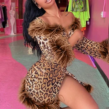 2020 Toamna Iarna Femei cu Blană Club Partidul s-a Divizat Vestidos Sexy V-neck Maneca Lunga Dantela Sus Leopard de Imprimare Rochii pentru Femei de Îmbrăcăminte