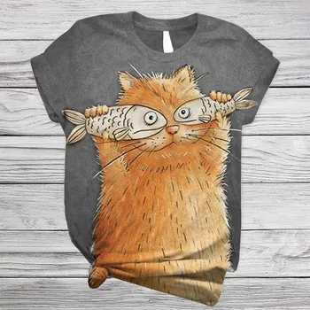 Pisica Prinde Pește tricou Lady Femei Tricou Maneca Scurta de Animale 3d Imprimate O-gât Topuri Tricou T-shirt Femme Vara Tee
