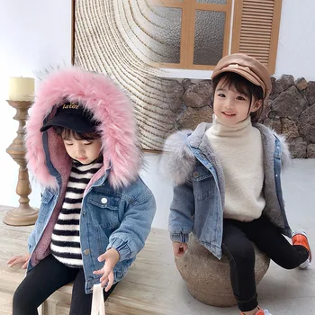 2019 Noua Moda De Iarna Fetita Jacheta Denim Plus De Catifea, Blană Cald Fata Cu Gluga Îmbrăcăminte Exterioară 2-6 Ani Copii Copilul Fata De Haina