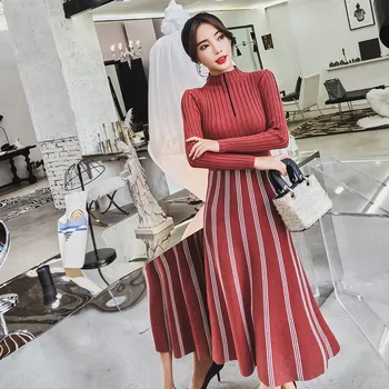 2019 Nou De Înaltă Calitate De Moda Tricotate Rochie Pulover Toamna Iarna Femei Cu Maneci Lungi Cu Dungi Mozaic Negru Midi Rochii De Petrecere