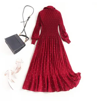2020 Noi Designeri De Moda Primavara Toamna Femei, Haine Elegante Lady Lantern Maneca Dot Print Midi Rochie De Petrecere Roșu