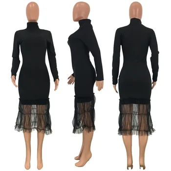 FNOCE 2020 iarna noi rochii pentru femei de moda elegant solidă maneca lunga Guler întinde strâns Împletit Plasă Rochie de la Jumătatea Vițel