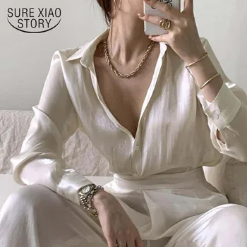 Toamna Butonul De Sus Din Satin Cămașă De Mătase Vintage Bluza Femei De Primăvară De Moda White Lady Mâneci Lungi Pierde Topuri Coreean Strada Tricouri