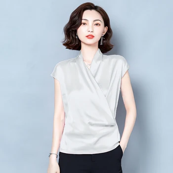 2021 Vară Satin Elastic de Femei de Top de Moda Noua V-neck Tricou Vrac Femei pe Scurt cu Mâneci Plus Dimensiune Solide Femei Bluza 9852