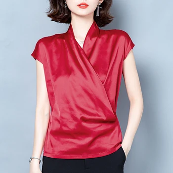 2021 Vară Satin Elastic de Femei de Top de Moda Noua V-neck Tricou Vrac Femei pe Scurt cu Mâneci Plus Dimensiune Solide Femei Bluza 9852