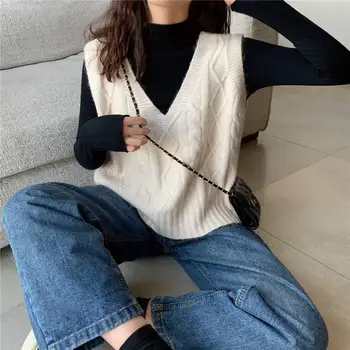 Vesta Femei Solide Tricotate V-neck All-meci Trendy Stil coreean fără Mâneci Vrac Simplu Femei Paltoane Sacouri de Primavara Toamna Chic New