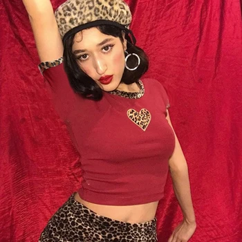 HEYounGIRL Vara Maneca Scurta Tricou Femei Harajuku Leopard Print Crop Top Tricou Kawaii Casual Scurt Tee Cămașă Femei Punk