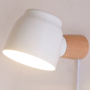 Lampa de perete Dormitor lumina de citit 360° rotativ cu comutator de plug-in-Linie Deschisă mată de fier, abajurul din lemn masiv lampa polul E14