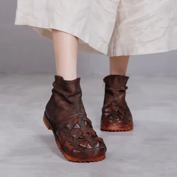 Johnature Glezna Cizme Cu Platforma Din Piele Femei Pantofi 2020 Noua Runda Toe Fermoar Plat Cu Cusut Manual Țese Cizme Pentru Femei
