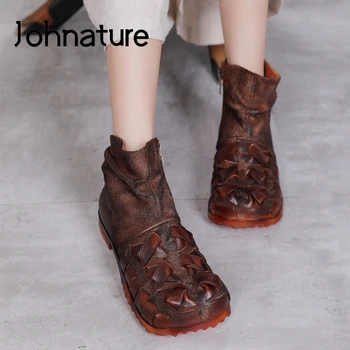 Johnature Glezna Cizme Cu Platforma Din Piele Femei Pantofi 2020 Noua Runda Toe Fermoar Plat Cu Cusut Manual Țese Cizme Pentru Femei