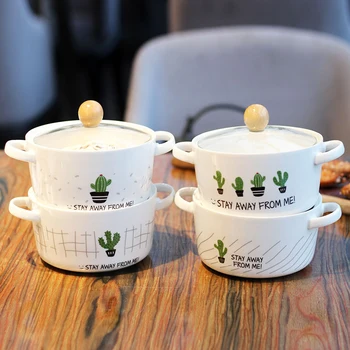 Desene animate Cactus Creative Castron Ceramic Dublu Ureche Anti-opărire Supa Stil coreean de Mare Capacitate Noodle Bowl