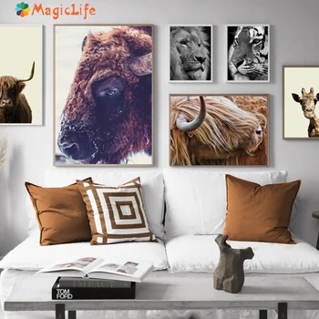 Alb negru Animale Arta de Perete Panza Pictura Highland Vaca, Girafa, Tigru, Leu Nordic postere si printuri Pentru Camera de zi Neînrămate