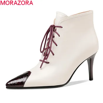 MORAZORA Femei cizme 2020 înaltă calitate glezna cizme piele naturala cizme a subliniat toe stilet tocuri culori amestecate doamnelor pantofi