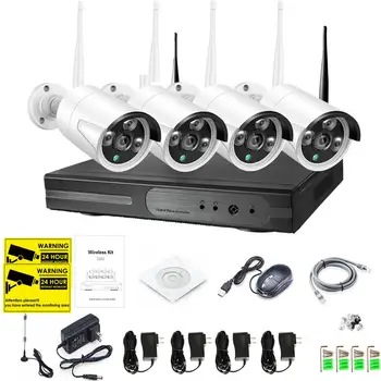 4CH 1080P HD Audio Wireless Kit NVR P2P 720P Interior Exterior IR Viziune de Noapte Securitate 1.0 MP negru colorIP WIFI Camera CCTV Sistem