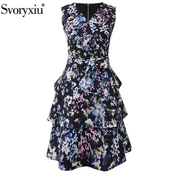 Svoryxiu 2021Runway Moda Summer Party Dress V-Gât Femei Floare de Imprimare în Cascadă Zburli Rezervor Rochii Vestdios